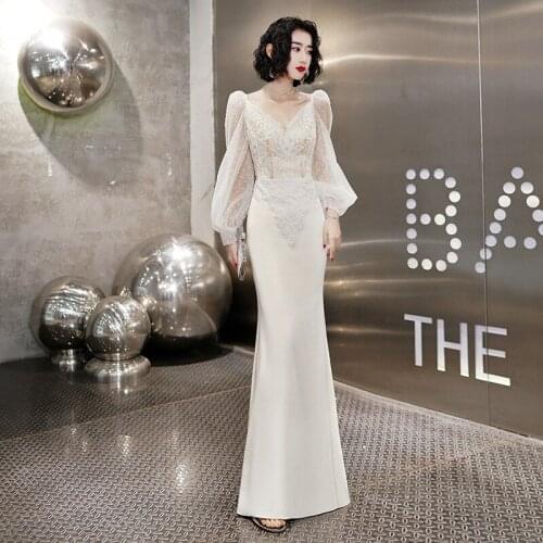 Elegant Embroidery Applique White Satin Mermaid Evening Dress Cheongsam Back Zipper Prom Fomail Gown Vestidos De Noche