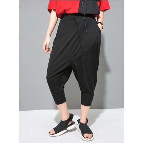 2021 summer new elastic waist large size 7-point Harem Pants with loose and thin crotch