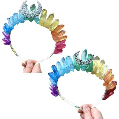 2021 Multicolor Rainbow Raw Crystal Quartz Crown Headband with Metal Hollow Out Antique Moon Tiara Hair Accessories Witch Party