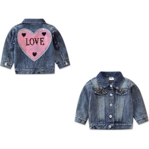9M-5Y Baby Children Girls Beaded Love Sequined Denim Jacket Autumn Coats Blue Lapel Long-Sleeve Button Streetwear Coat Outwear