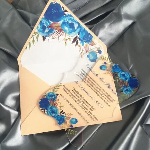 Navy Blue Flower Lace Wedding Invitation Card 10pcs Luxury Blank Party Birthday Invitations with Flower Envelop