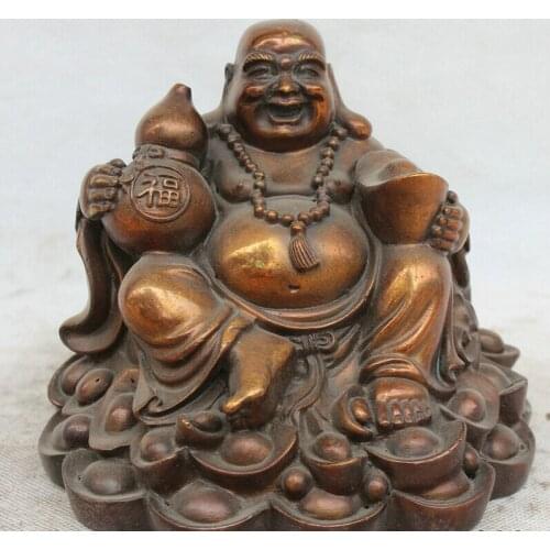 Fast shipping USPS to USA S2100 6" Chinese Buddhism Bronze Wealth Fu cucurbit Happy Laugh Maitreya Buddha Statue