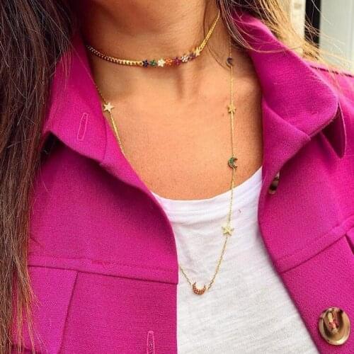 Drop Shipping Rainbow Multi Color Star Charm Cuban Link Chain Choker For Women Gorgeous Colorful CZ Statement Layers Necklace