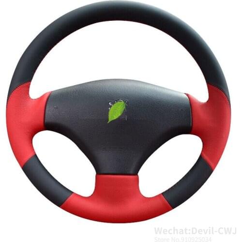 For Peugeot 206 2007-2009 207 Black Red Leather Hand-stitched Steering Wheel Cover hight quality Grip Cover car accessories