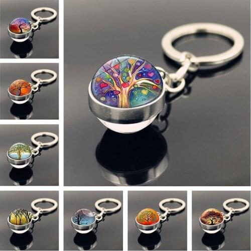 Tree of Life Keychain Jewelry with Silver Color Double Side Glass Ball Keychain Life Tree Car Keychain Ring for Unisex