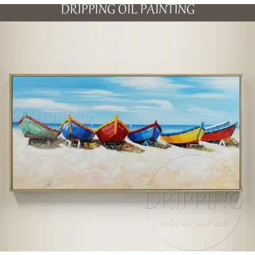 Artist Hand-painted High Quality Hawaii Beach Oil Painting on Canvas Blue Ocean Landscape Boats Oil Painting for Living Room