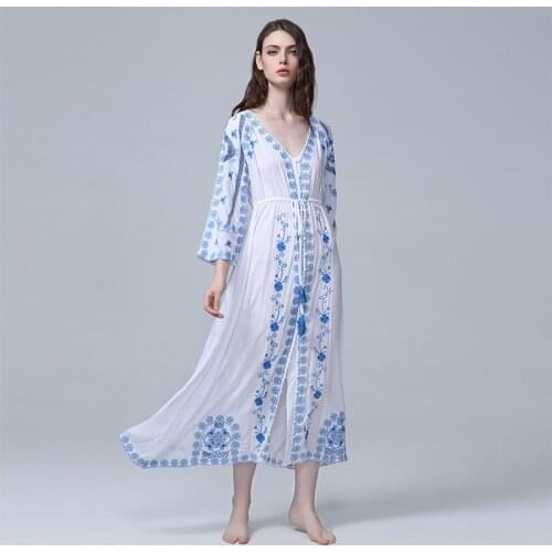 JSXDHK 2021 New Spring Summer Holiday Maxi Dress Runway Women Flower Embroidery Blue And White Porcelain Cotton Beach Long Dress