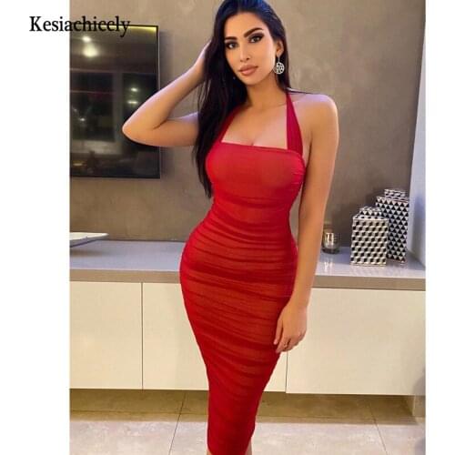 Kesiachiccly Elegant Mesh Dress Women Chic Halter Midi Bodycon Dresses Summer Sleeveless Slim NightClub Wear Party Dress 2021