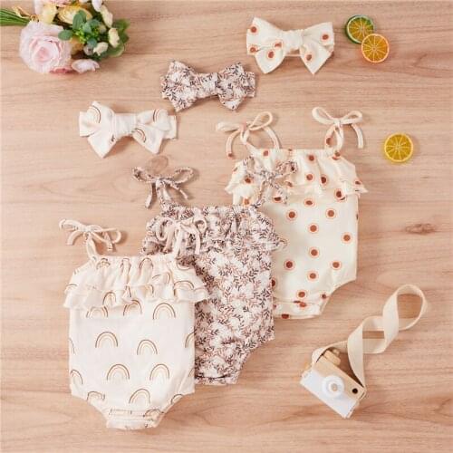 Hot Sale Newborn Baby Girls Lace-Up Suspender Romper Sweet Printing Ruffles Stitching Jumpsuits and Headband 0-24Months
