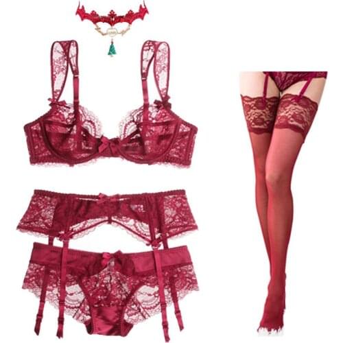 Sexy lace bra underwear ultra-thin lingerie set four-piece bra +panties+ garter + stockings for women