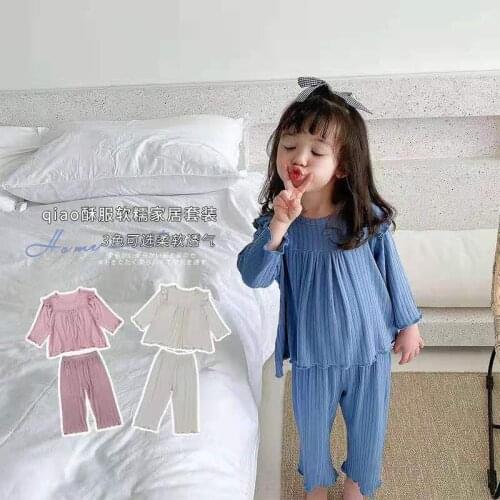 2021 Korea style girls sleeve ruffle top 2 pcs set t shirt +long pants spring autumn cotton full sleeve girls pajama suit 1-7 y