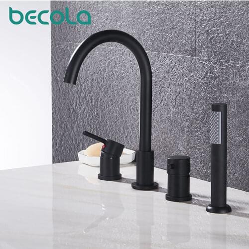 LANGYO 4Pcs Brass Bathroom Bathtub Faucet Bath Faucet Deck Mounted Handheld TubTap Cold Hot Mixer Water Tap With Hand Shower