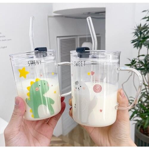 Cartoon Animal Glass Cup Scaled Cup Transparent Printing Handle Scale Milk Mug Cup with Straw Borosilicate Glass Heat Resistant