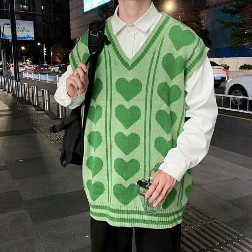 Mens Womens Winter Sweater Vest Jumpers Korean Clothes Vintage Love Graphics Green Sleeveless Sweater 2021 New Mens Clothes