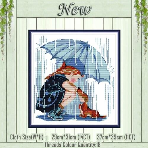 Girls and dog in the rain decor painting counted printed on the canvas DMC 11CT 14CT kit Cross Stitch embroidery needlework Sets