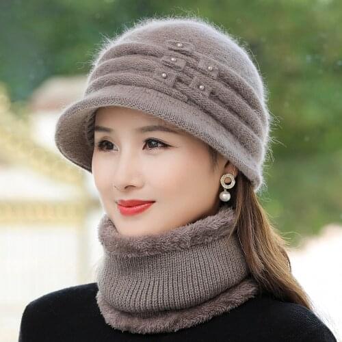 New Women Winter Hat Outdoor Keep Warm Hat & Scarf Set Add Fur Lined Hats For Women Casual Rabbit Fur Winter Knitted Bucket Hat