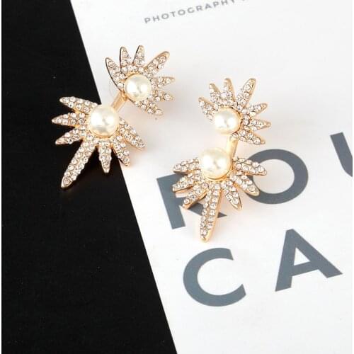 Jisensp Bohemian Fashion Pearl Ear Jackets Crystal for Women Wedding Jewelry Crystal Geometric Triangle Stud Earrings Bijoux