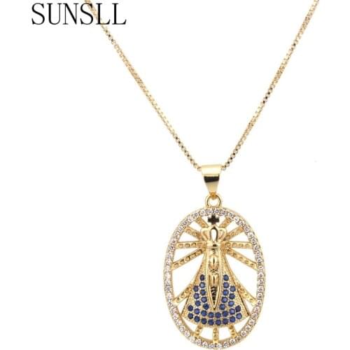 SUNSLL Golden Copper Fashion Oval Shape Blue&White Cubic Zirconia Classic Pendant Necklace Jewelry for Women Gift Feminina Colar