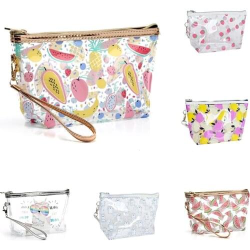 Cartoon Fruit Print Make Up Bags PVC Waterproof Transparent Cosmetic Bags Large Capacity Zipper Travel Toiletries Storage Bag