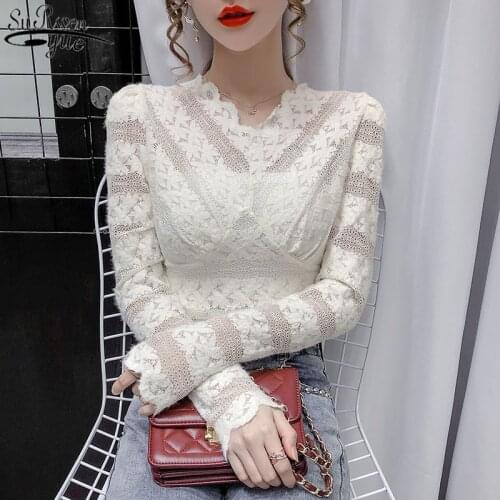 New Spring Lace Elegant Shirts for Women Tops V-neck White Shirt Blouses Hollow Out Sexy Casual Puff Sleeve Female Tops 12626