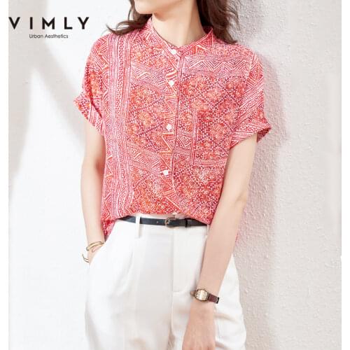 Vimly New Summer Womens Blouse Chiffon Floral Printed Shirts Vintage Short Sleeve Single Breasted Tops Female Clothing F7696