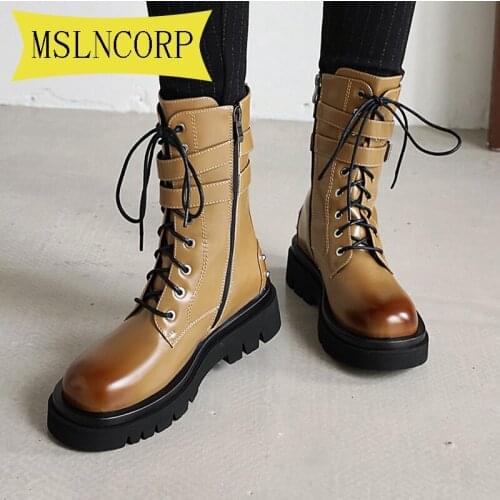 Big Size 34-43 Leather Boots Women Shoes Thick Sole Lace Up Autumn Winter Short Ankle Boots for Women Metal Buckle Bootsr Spring