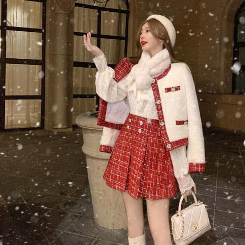 Little Fragrance Suits Female Winter Fashion New Temperament Red Woolen Coat + Cute Pleated Skirt Two-Piece Sets