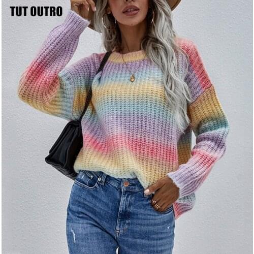 Autumn Winter O-Neck Knitted Sweater Women Fashion Rainbow Striped Tie Dye Sweet Pullover Female Casual Long Sleeve Loose Jumper
