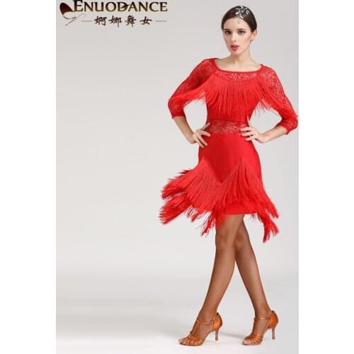 Lady Latin Dance Dress Women Model Straps Elastic Lace Tassel Dress Girls Club Party Suit Adult Tassels Long Sleeve Dress D-0135