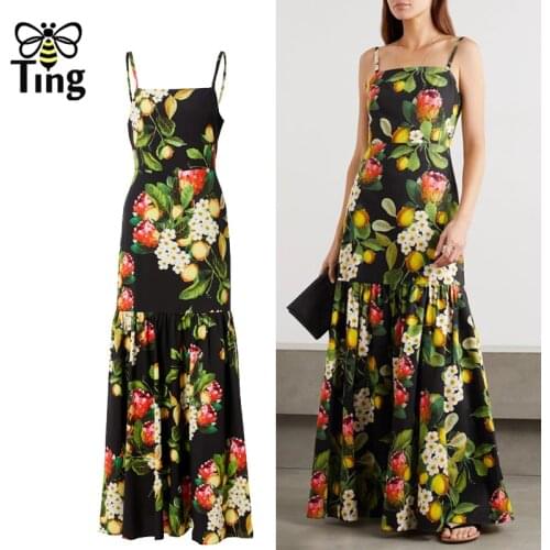 Tingfly Fashion Runway Summer Sexy Spaghetti Strap Dress Women Floral Print Vintage Sleeveless Elegant Holiday Long Dress Haut