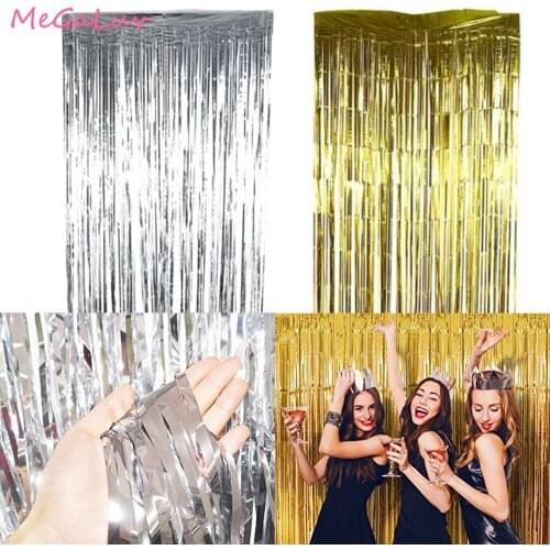 1x2M Gold Silver Metallic Foil Tinsel Fringe Curtain Wedding Decoration Birthday Photography Backdrop Curtain Photo Props