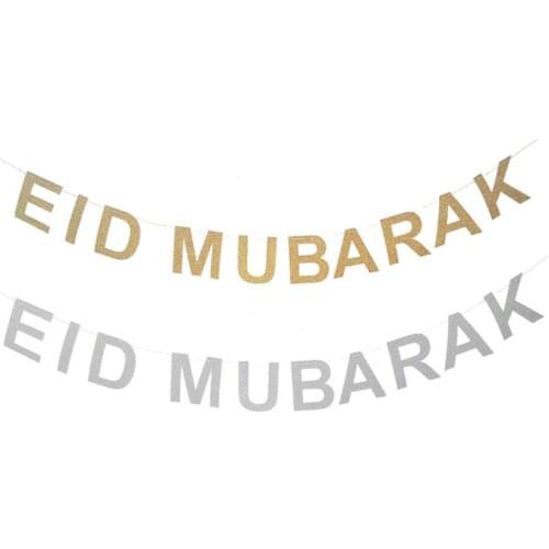 2pcs Glitter Eid Mubarak Banner Gold Silver, Islamic Muslim Festival Bunting Ramadan Mubarak Decoration, Garland EID Party Decor