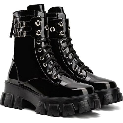 Black PU Leather Ankle Boots Women Autumn Winter Round Toe Lace Up Shoes Woman Fashion Motorcycle Platform Botas Q10-61