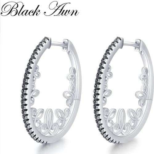 Black Awn Oval Hoop Earrings for Women Classic 925 Sterling Silver Trendy Spinel Engagement Fine Jewelry I218
