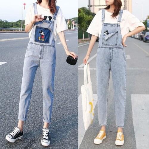 Disney 2021 Embroidered Mickey Mouse Overalls Womens Tide Ins Embroidery Summer New Denim Cropped Overalls Free Shipping