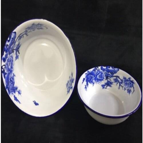 Blue Peony Antique Enamel Bowl with Chinese Traditional Totem High Capacity Washbasin Food Container Soup Pot