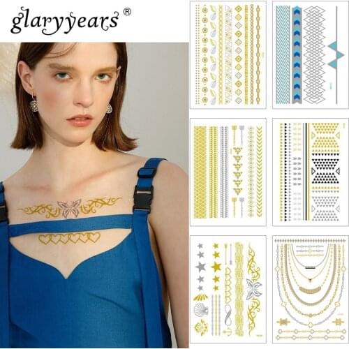 Glaryyears 1 Pc Metallic Temporary Tattoo Sticker Fake Tatoo Flower Flash Tatto Waterproof Small Body Art Men Women 20 Designs