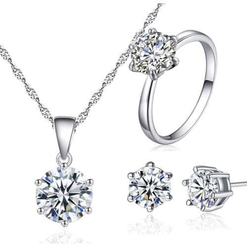 Classic Female White Crystal Jewelry Set Charm Silver Color Stud Earring For Women Cute Round Zircon Wedding Chain Necklace