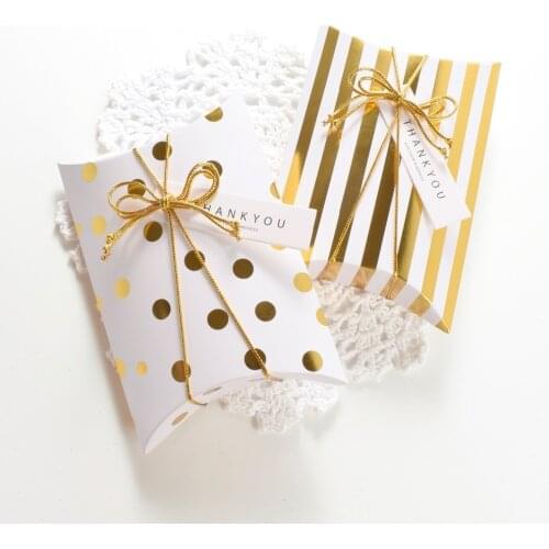 Pillow boxes,Golden dot & striped pillow boxes, wedding favor boxes, bridal shower favor boxes 10pcs/lot