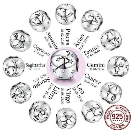 Genuine 925 Silver 12 Constellation Zodiac Round Beads Fit Original Pandora Bracelet Jewelry Charms Making