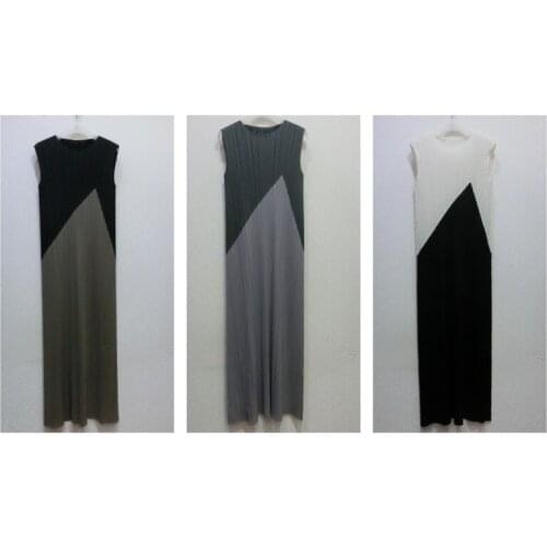 HOT SELLING Miyake fashion fold sleeveless patchwork o-neck Straight dress IN STOCK