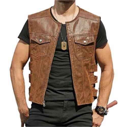 Fashion leather jacket men slim zipper PU waistcoat casual sleeveless leather vest Plus Size 5XL Sleeveless thin O-neck Coats