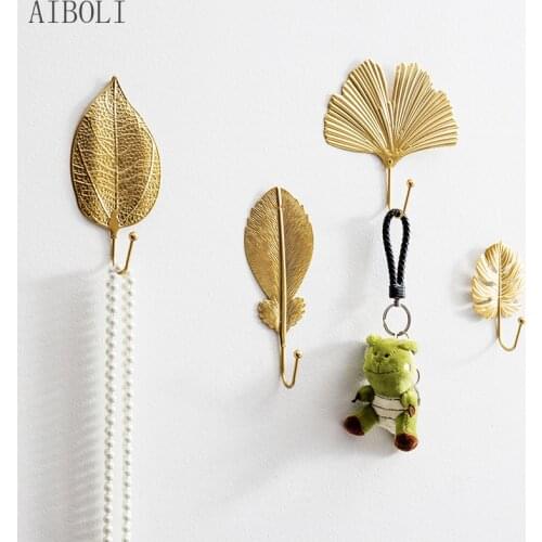 Nordic Leaf Shape Hook Creative Golden Coat Rack Adhesive Holder Wall Coat Key Hanger Free-Hole Home Wall Hanging Decoration