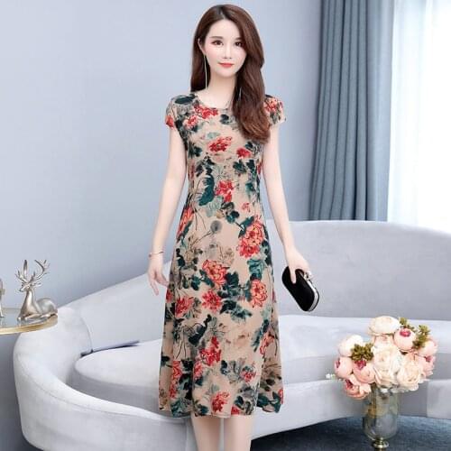 Women Summer Loose Plus Size Short Sleeve O-Neck Tea-Length A-Line Floral Print Temperament Elegnt Holiday Cocktail Dresses 9447