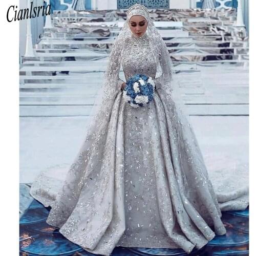 2021 Luxury Saudi Arabic Lace Wedding Dress A-line High Neck Muslim Sparkly Long Sleeves Sequin Wedding Dresses