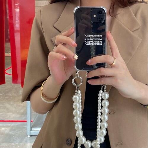 Luxury Large Pearl bracelet Necklace Diagonal Lanyard soft Phone Case For iPhone 12 Pro Max XR X XS MAX 8 7 plus 11 Clear Cover