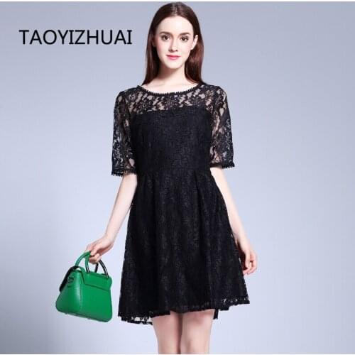 TAOYIZHUAI New Summer Above Knee Loose Elegant Large Size Hollow Out O-Neck Straight Hight Street Style Female Lace Dress 11526