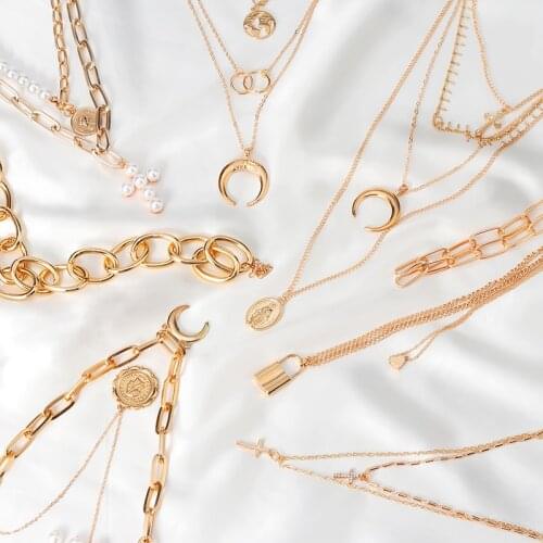 Vintage Multilayer Crystal Pendant Necklace Women Gold Color Moon Star Boho Pearl Crescent Neck Chains Choker Necklaces Jewelry