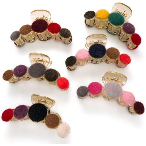 WYINYA Autumn and winter plush plate hairpin girl back head hair catch shark clip color ball bath catch clip hair accessories