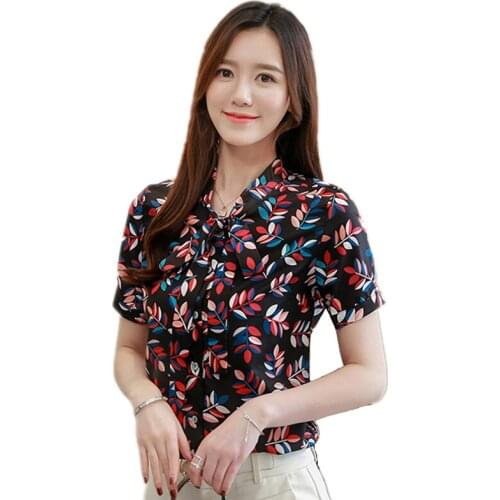 2021 New Arrival Summer Women Short Sleeve Blouse Casual Women Tops Fashion Leaves Print Lacing up Bow Silk Shirt